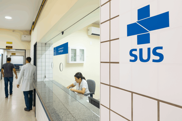 Reception area of a Brazilian public health facility with the SUS logo on the wall