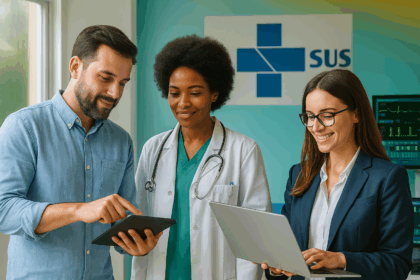 A doctor in a lab coat stands between a man with a tablet and a woman with a laptop in a SUS facility, smiling and working together.